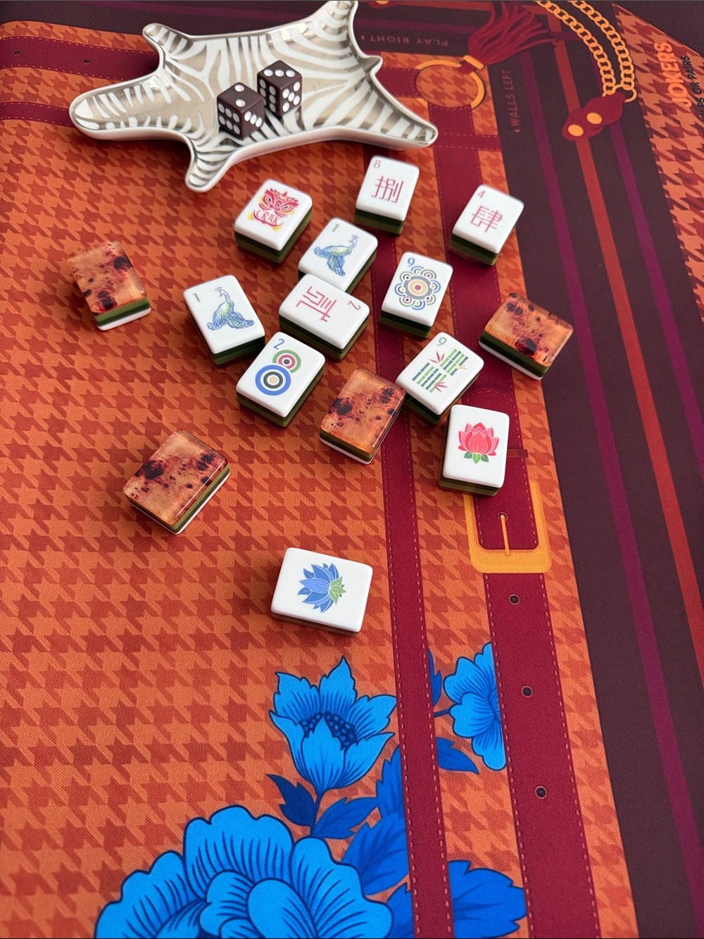Mahjong Mat Red and Brown Houndstooth Scarf with Blue Floral Accent (MAT ONLY)